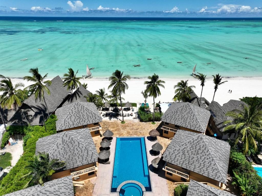 Aerial view of a Zanzibar beach resort above a turquoise lagoon