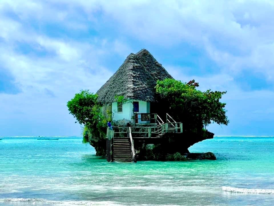 The Rock restaurant set in the turquoise sea, Zanzibar